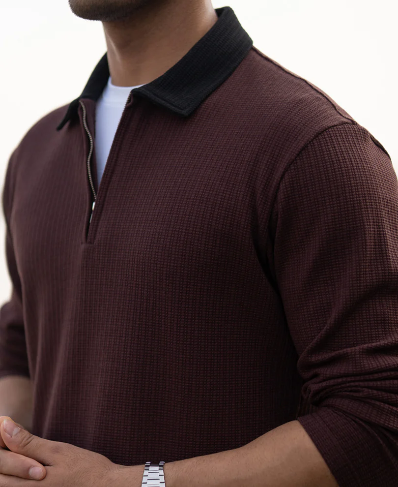 Brown Contrast Collar Structure T-Shirt - Image 5