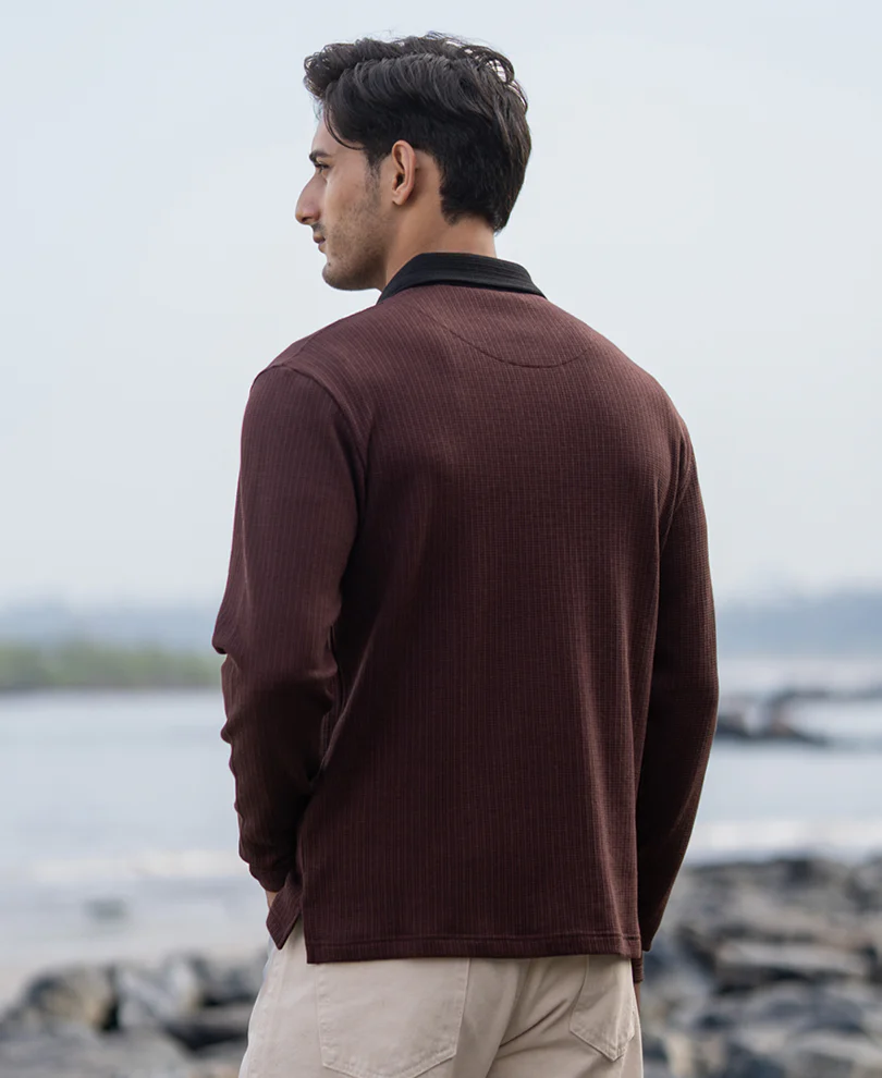 Brown Contrast Collar Structure T-Shirt - Image 6