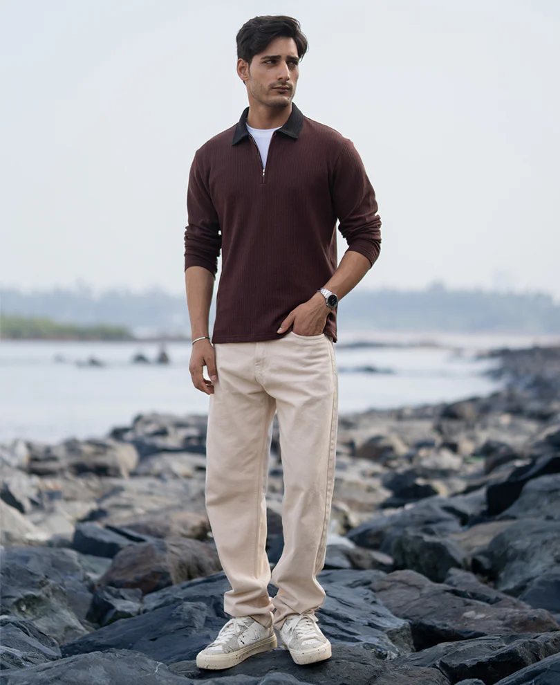 Brown Contrast Collar Structure T-Shirt - Image 7