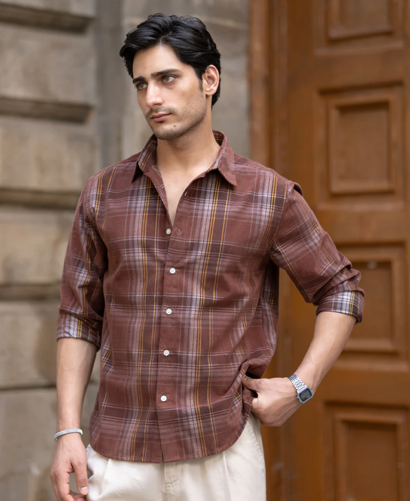Brown Corduroy Check Shirt 100% Cotton - Image 2