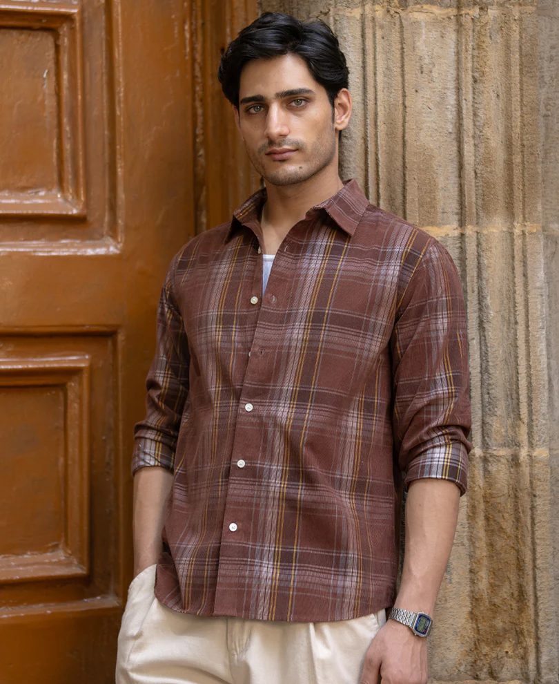 Brown Corduroy Check Shirt 100% Cotton - Image 3