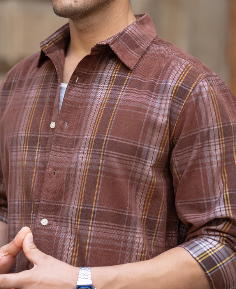 Brown Corduroy Check Shirt 100% Cotton - Image 5