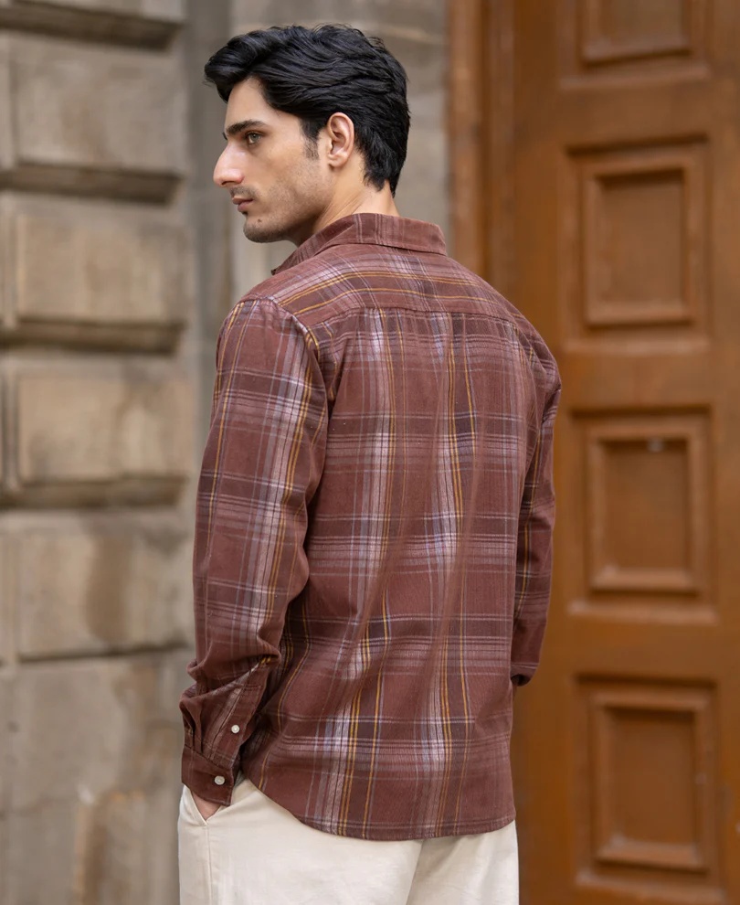 Brown Corduroy Check Shirt 100% Cotton - Image 6
