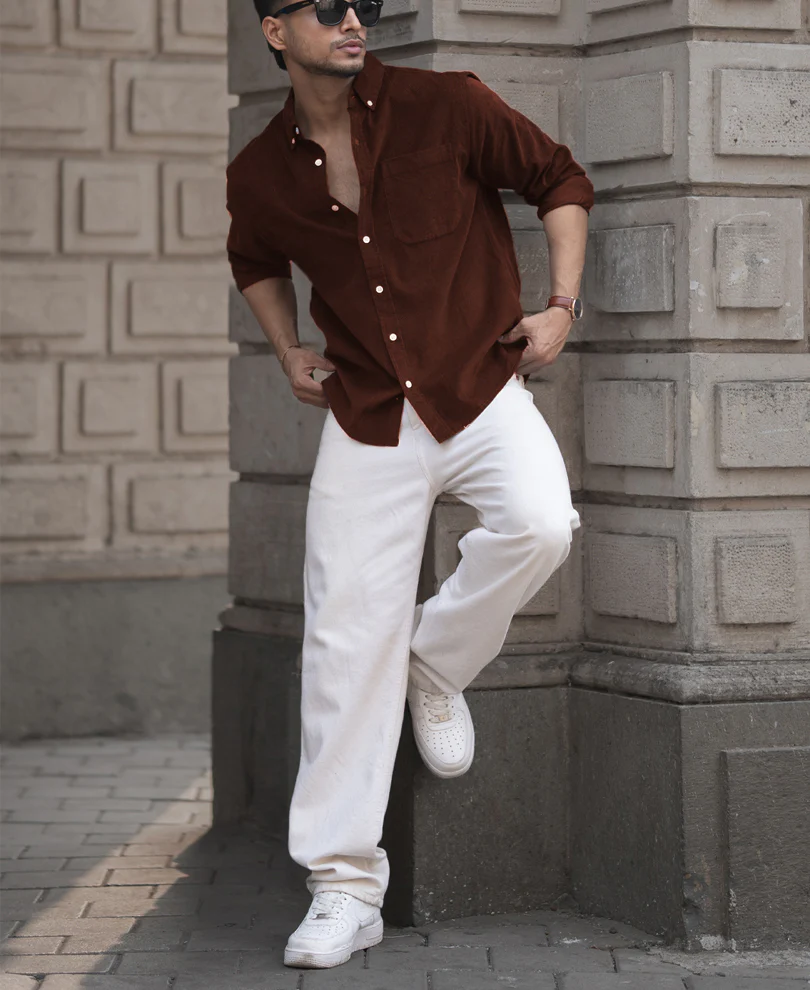 Brown Corduroy Regular Fit Full Sleeves Shirt 100% Cotton - Image 5