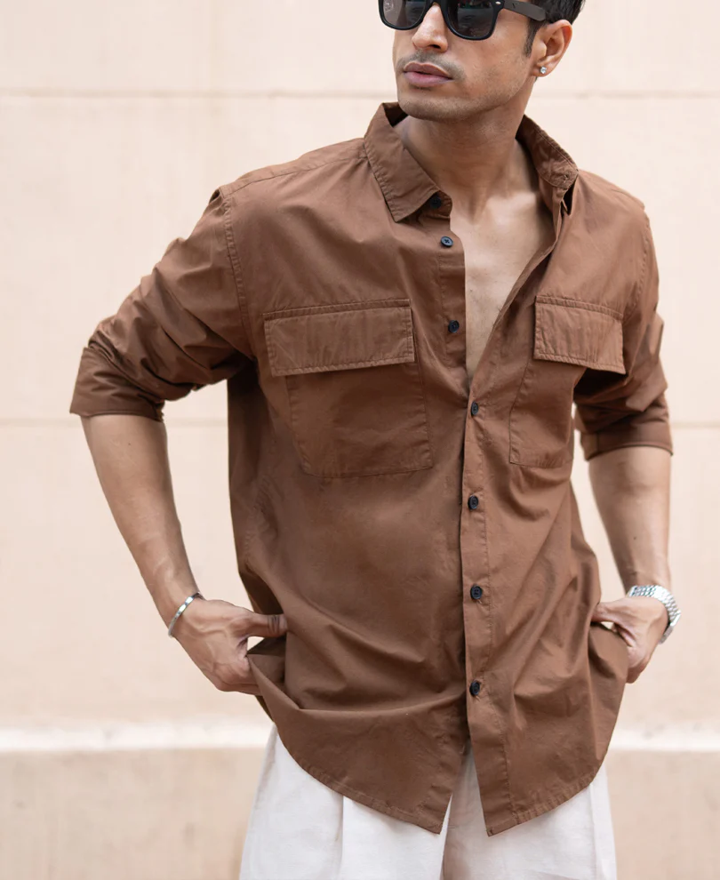 Brown Double Pocket Lightweight Shirt 100% Cotton - Image 2