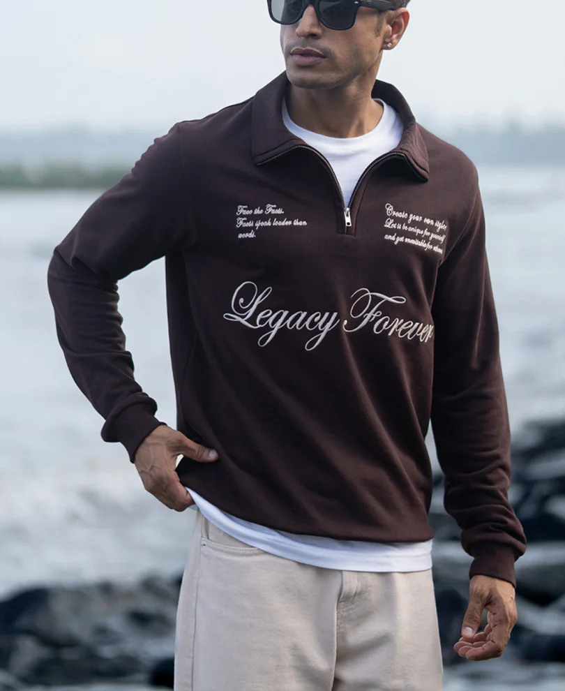Brown Embroidered Quarter Zip T-Shirt - Image 2
