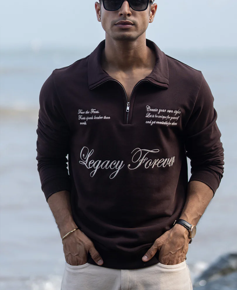 Brown Embroidered Quarter Zip T-Shirt - Image 3