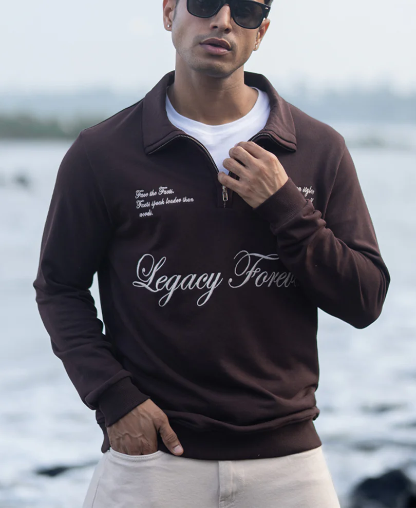 Brown Embroidered Quarter Zip T-Shirt - Image 4