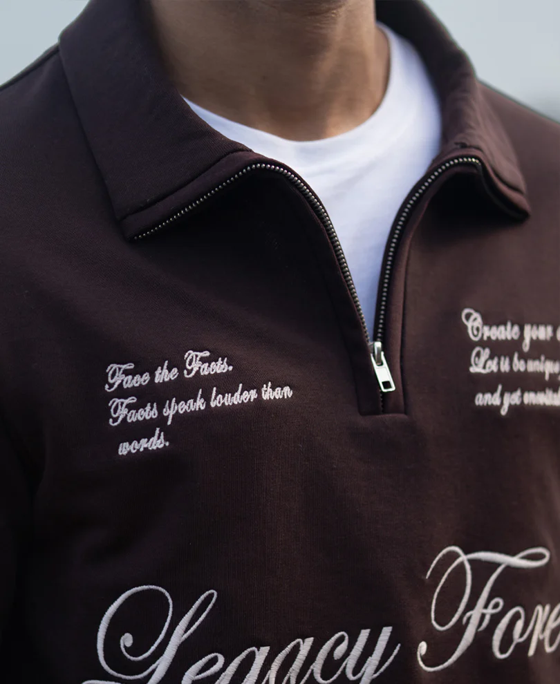 Brown Embroidered Quarter Zip T-Shirt - Image 5