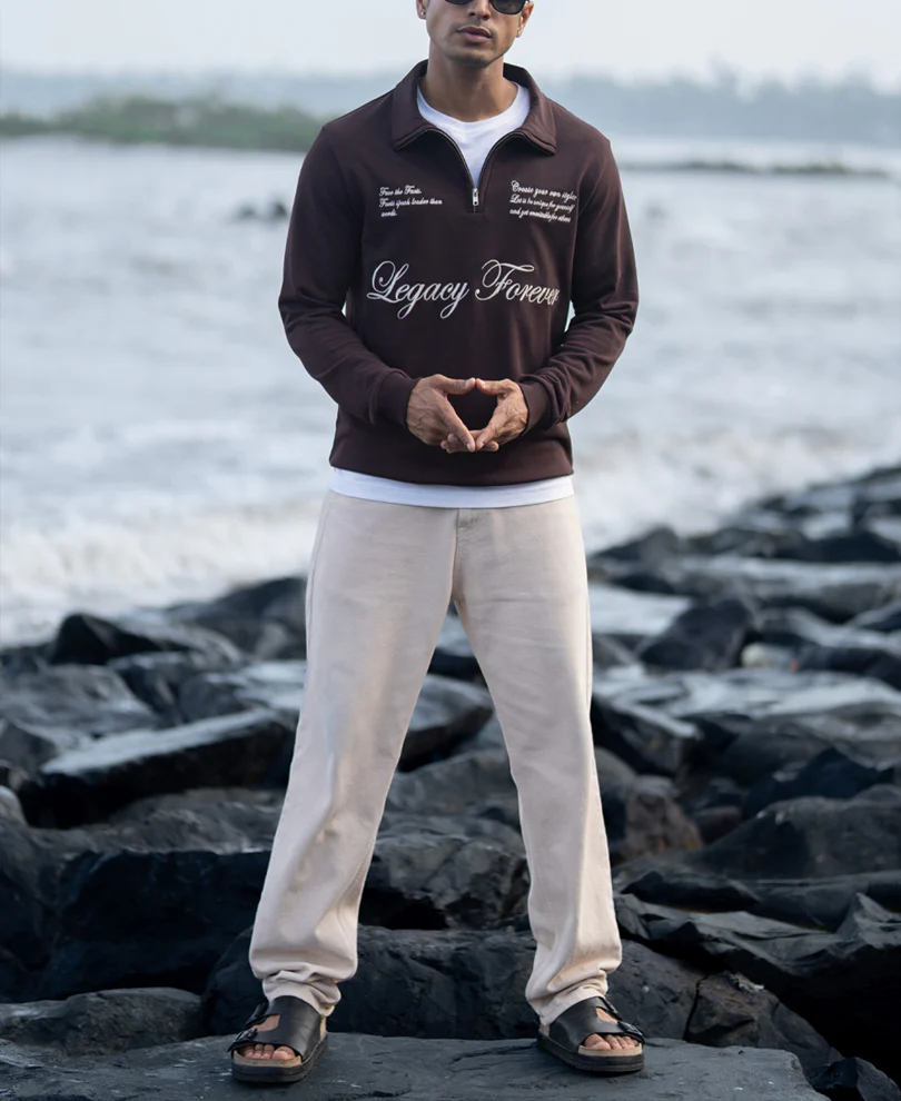 Brown Embroidered Quarter Zip T-Shirt - Image 7