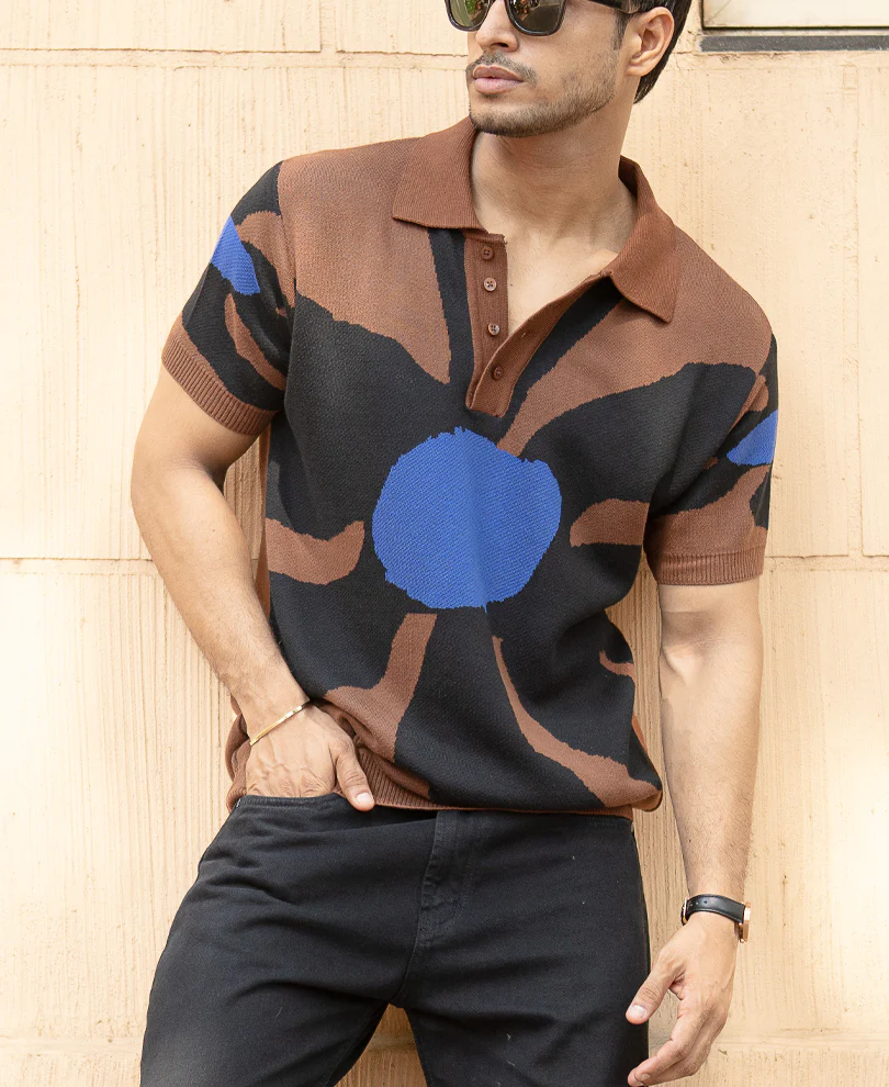 Brown Floral Knit Polo T-Shirt 100% Cotton - Image 2