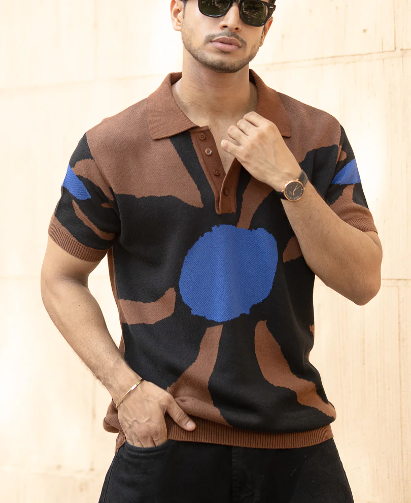 Brown Floral Knit Polo T-Shirt 100% Cotton - Image 3