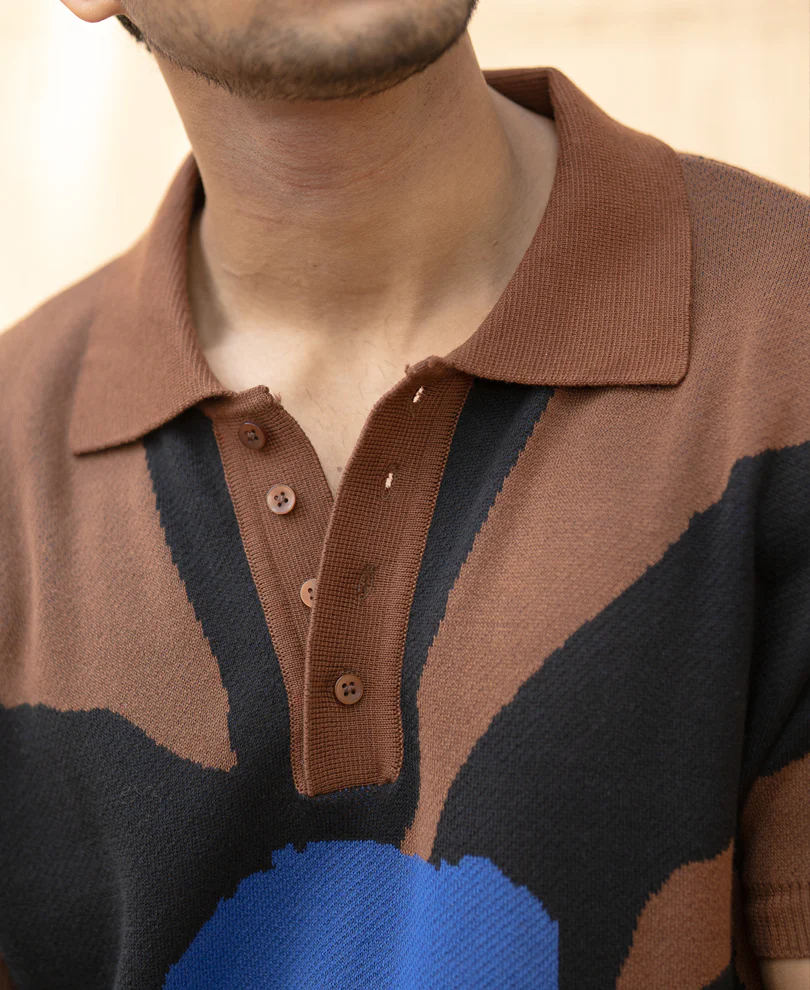 Brown Floral Knit Polo T-Shirt 100% Cotton - Image 4