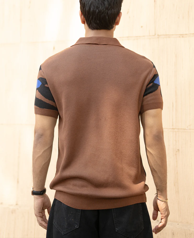 Brown Floral Knit Polo T-Shirt 100% Cotton - Image 5