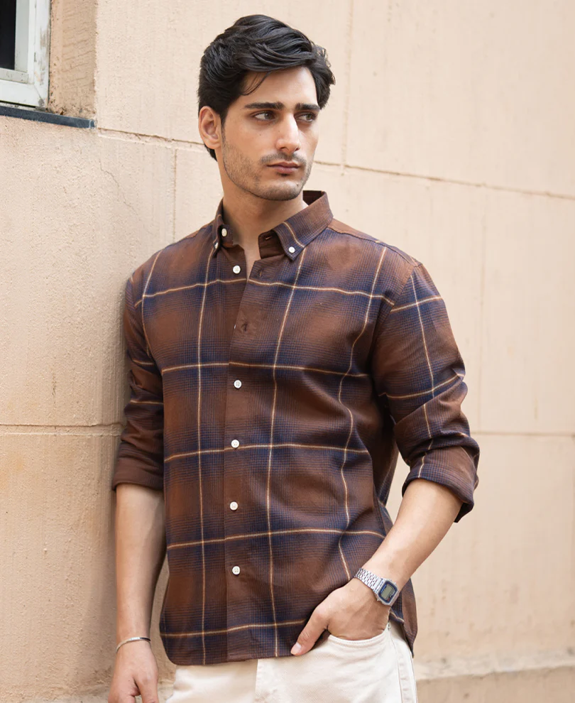 Brown Lightweight Checks Shirt 100% Cotton - Image 2