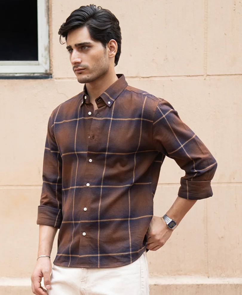 Brown Lightweight Checks Shirt 100% Cotton - Image 3
