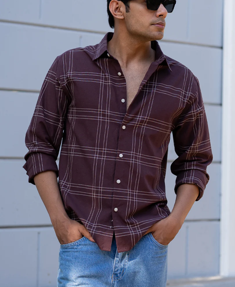 Brown Linen Blend Checks Shirt 100% Cotton - Image 2