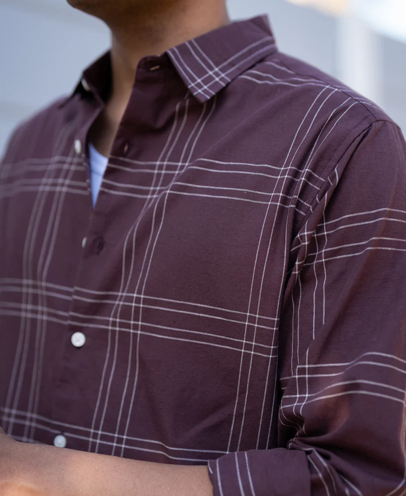 Brown Linen Blend Checks Shirt 100% Cotton - Image 3