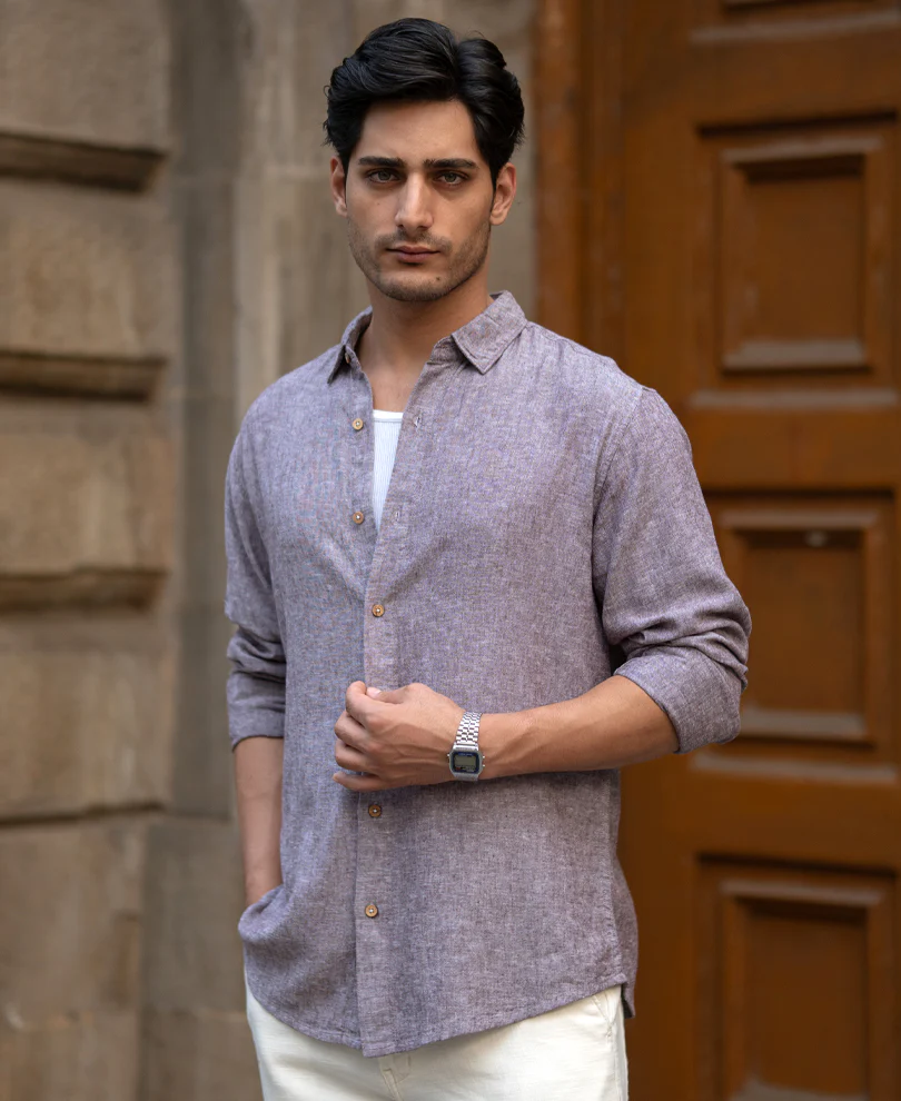 Brown Linen Blend Slub Shirt - Image 2