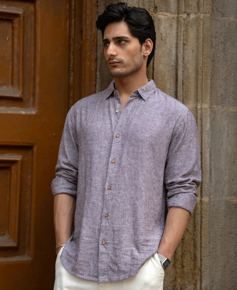 Brown Linen Blend Slub Shirt - Image 3