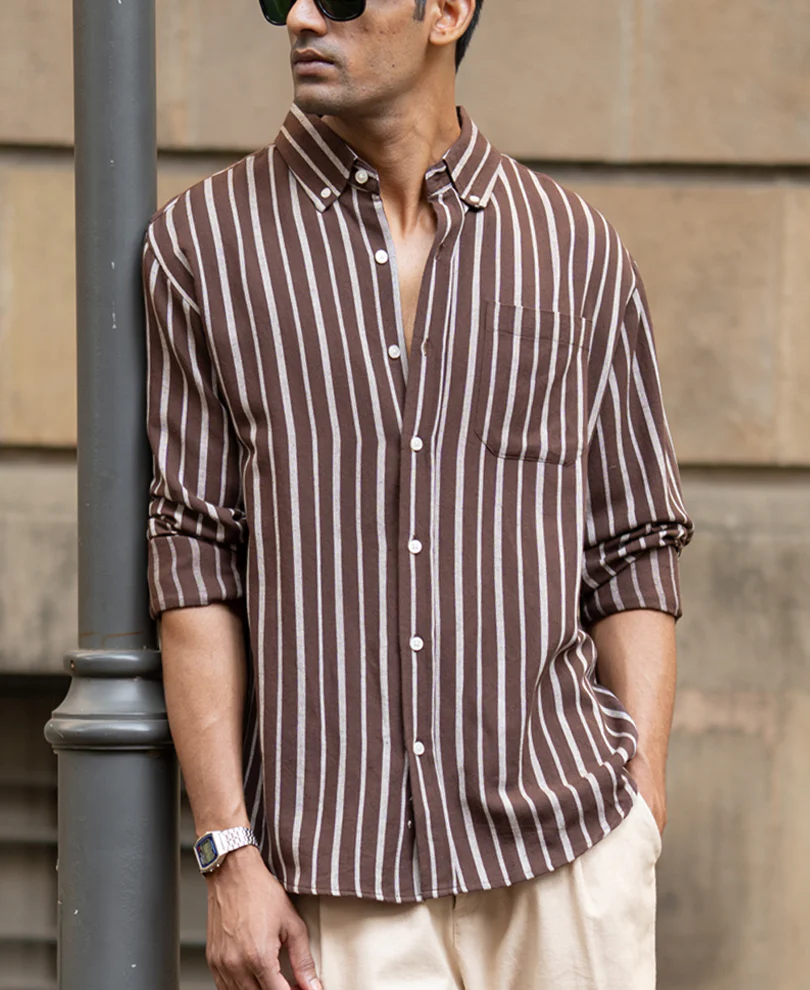 Brown Linen Blend Stripe Shirt - Image 2