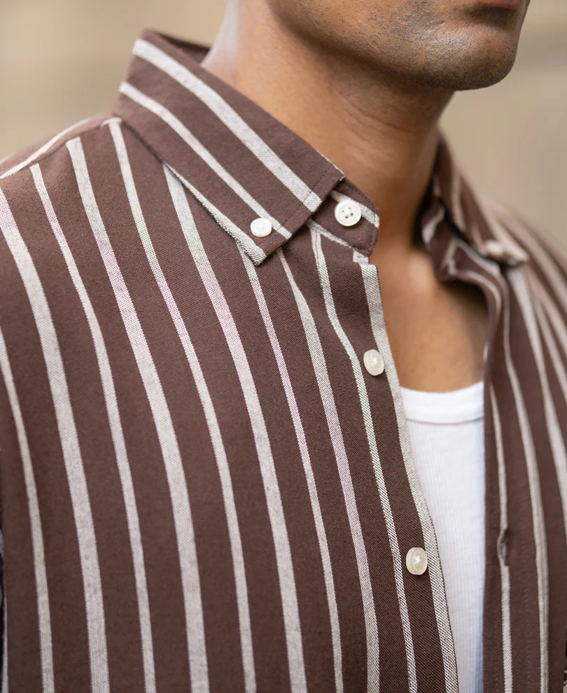 Brown Linen Blend Stripe Shirt - Image 3