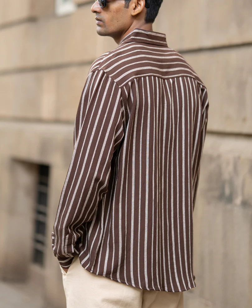 Brown Linen Blend Stripe Shirt - Image 5