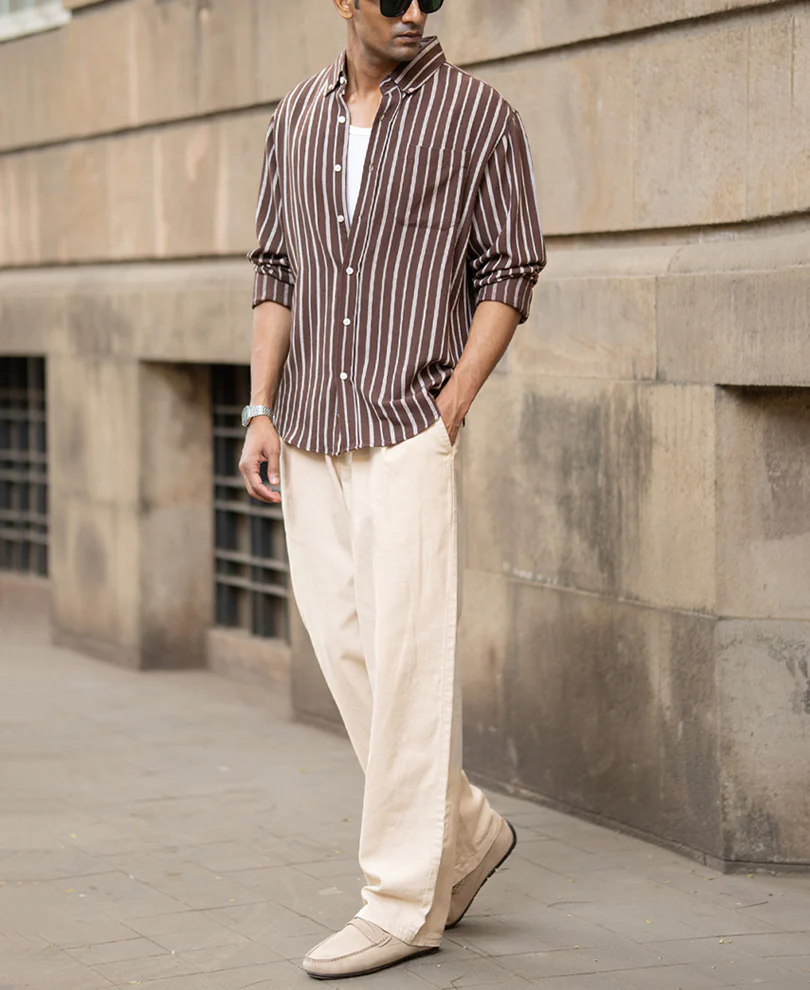 Brown Linen Blend Stripe Shirt - Image 6