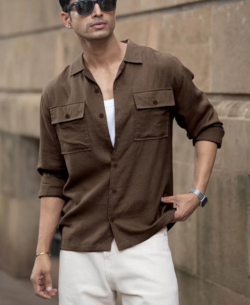 Brown Linen Double Pocket Shirt - Image 2