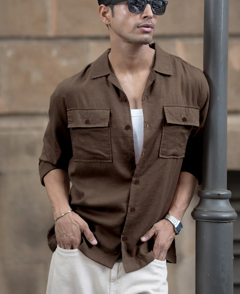 Brown Linen Double Pocket Shirt - Image 3