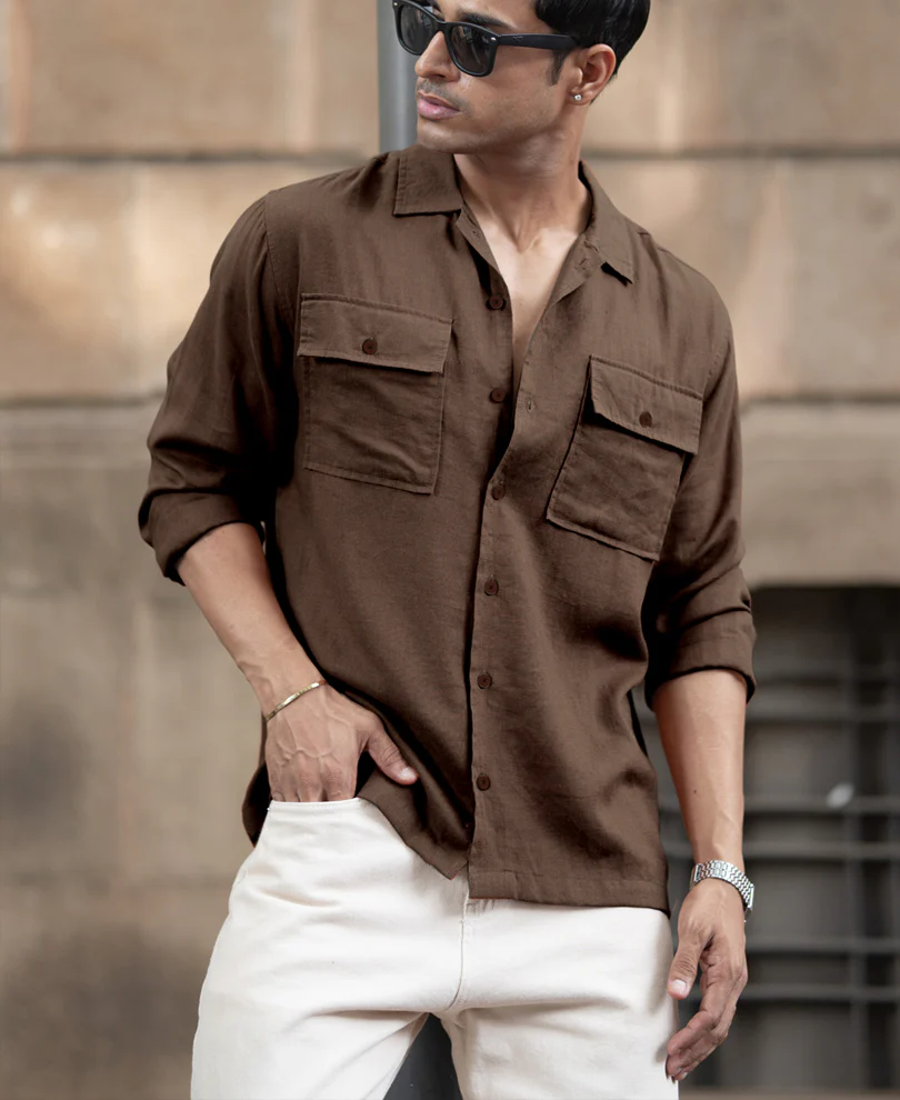 Brown Linen Double Pocket Shirt - Image 4