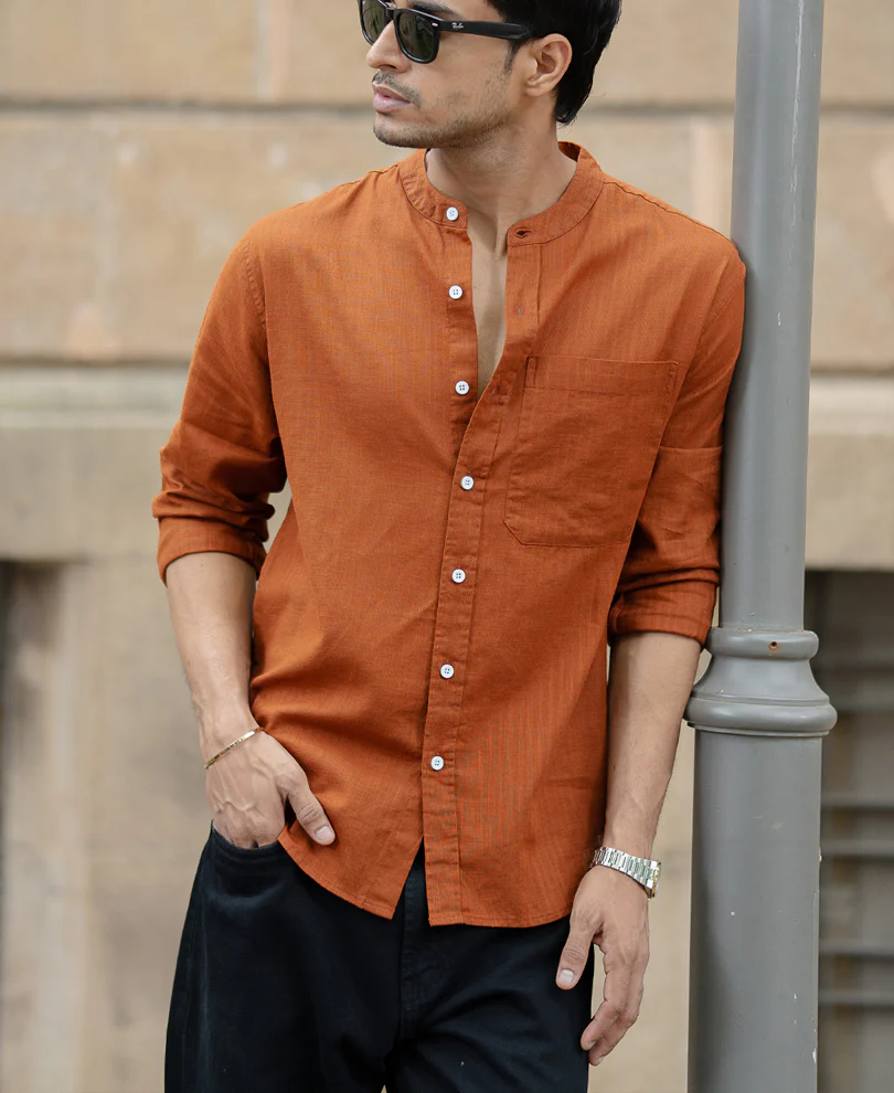 Brown Mandarin Collar Shirt 100% Cotton - Image 2