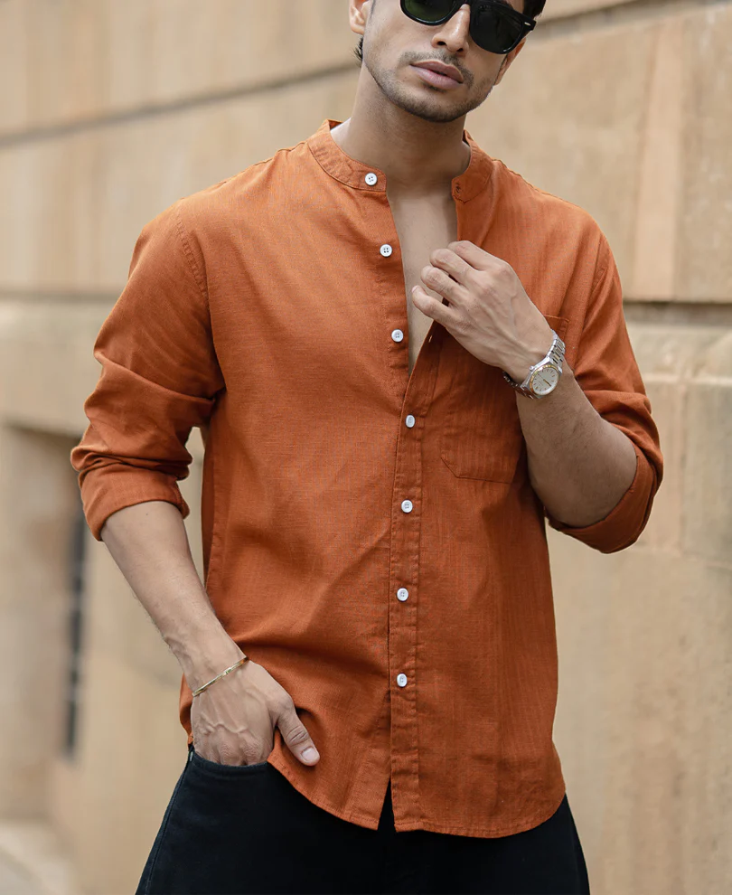 Brown Mandarin Collar Shirt 100% Cotton - Image 3