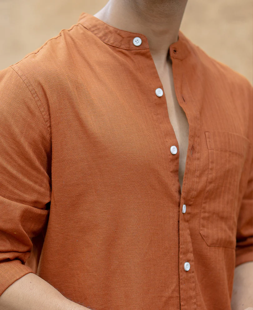 Brown Mandarin Collar Shirt 100% Cotton - Image 4
