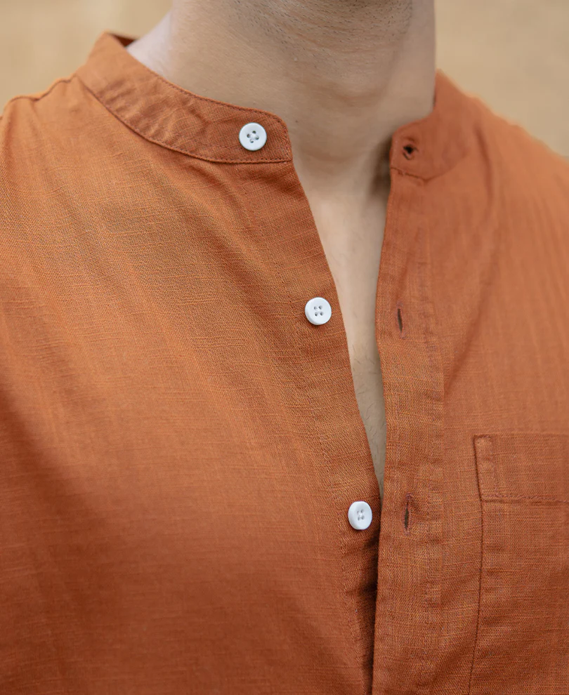 Brown Mandarin Collar Shirt 100% Cotton - Image 5