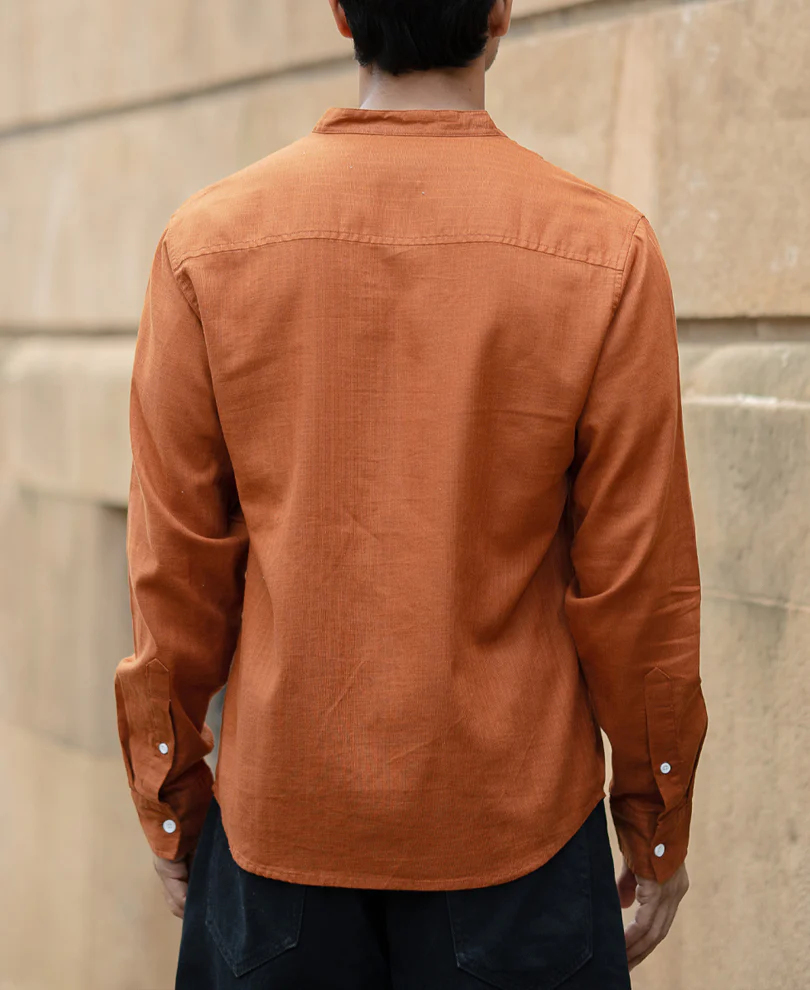 Brown Mandarin Collar Shirt 100% Cotton - Image 6