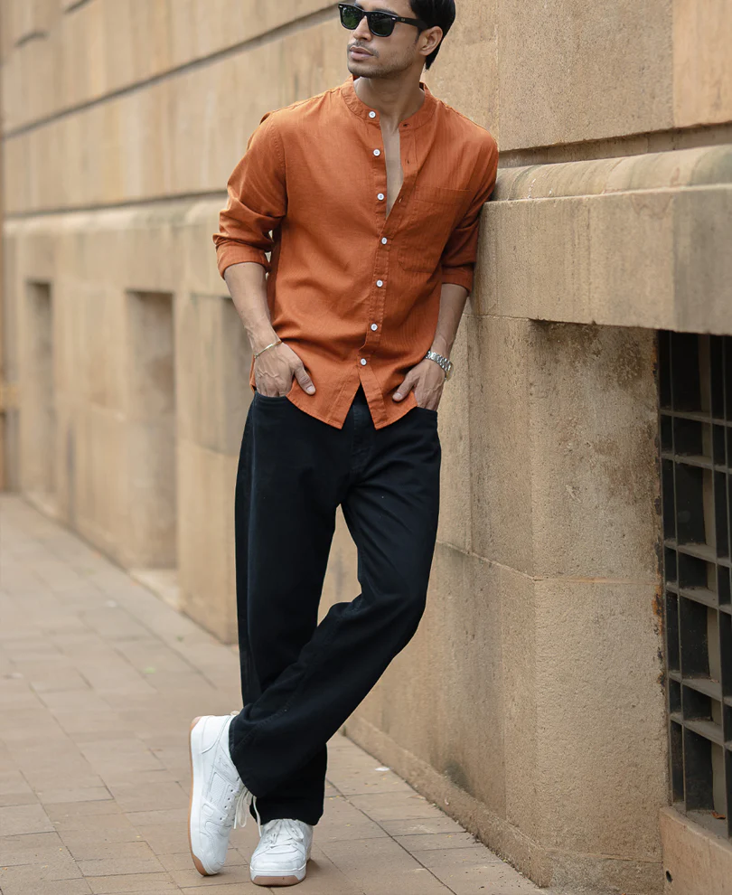 Brown Mandarin Collar Shirt 100% Cotton - Image 7
