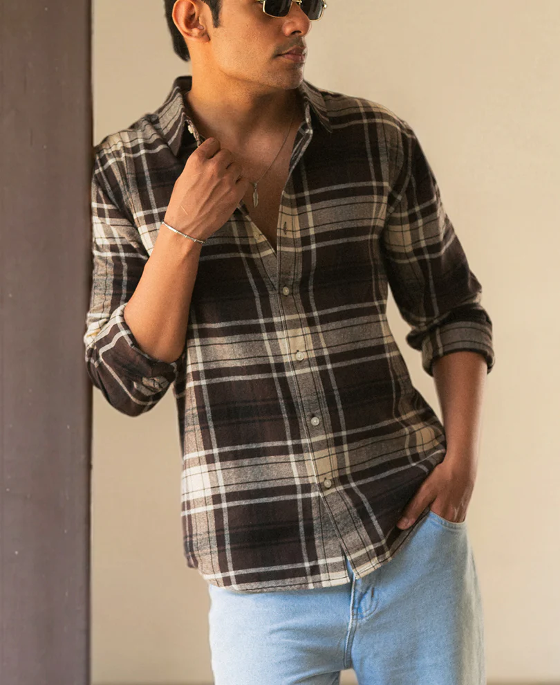 Brown & Off-White Structured Checks Shirt 100% Cotton - Image 2