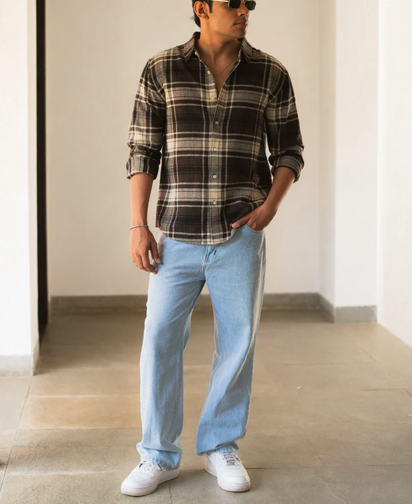 Brown & Off-White Structured Checks Shirt 100% Cotton - Image 5