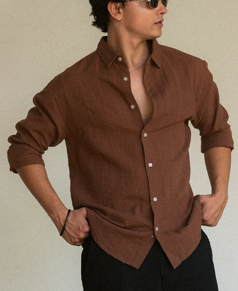 Brown Plain Structure Shirt 100% Cotton - Image 2