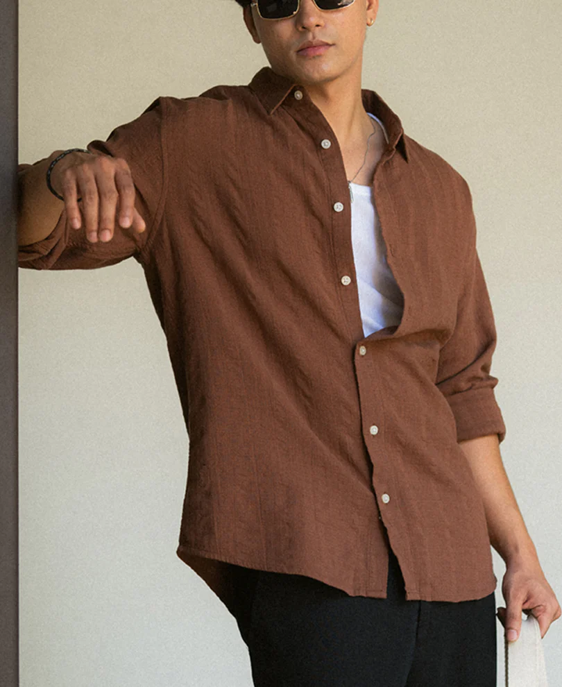 Brown Plain Structure Shirt 100% Cotton - Image 3