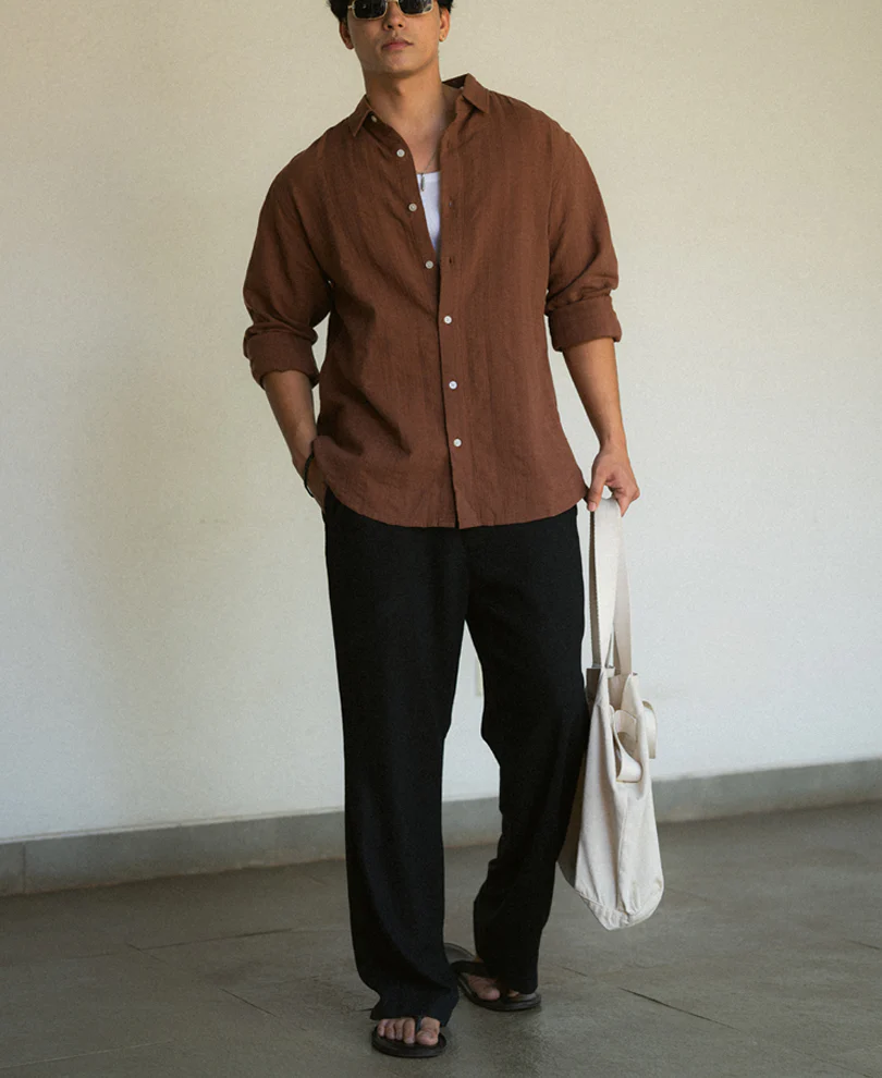 Brown Plain Structure Shirt 100% Cotton - Image 7