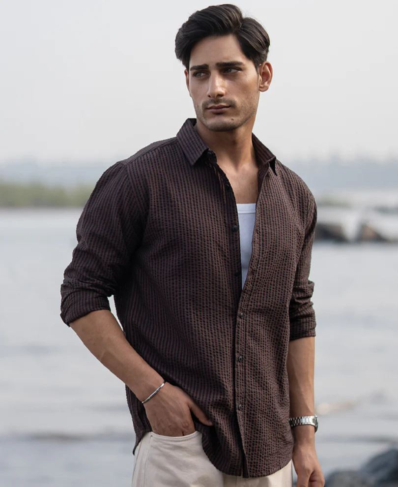Brown Seer Sucker Stripe Shirt 100% Cotton - Image 2