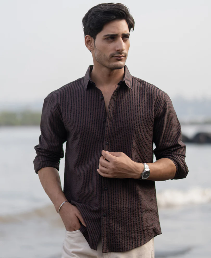 Brown Seer Sucker Stripe Shirt 100% Cotton - Image 3