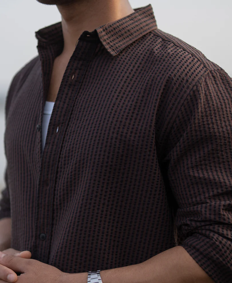 Brown Seer Sucker Stripe Shirt 100% Cotton - Image 4