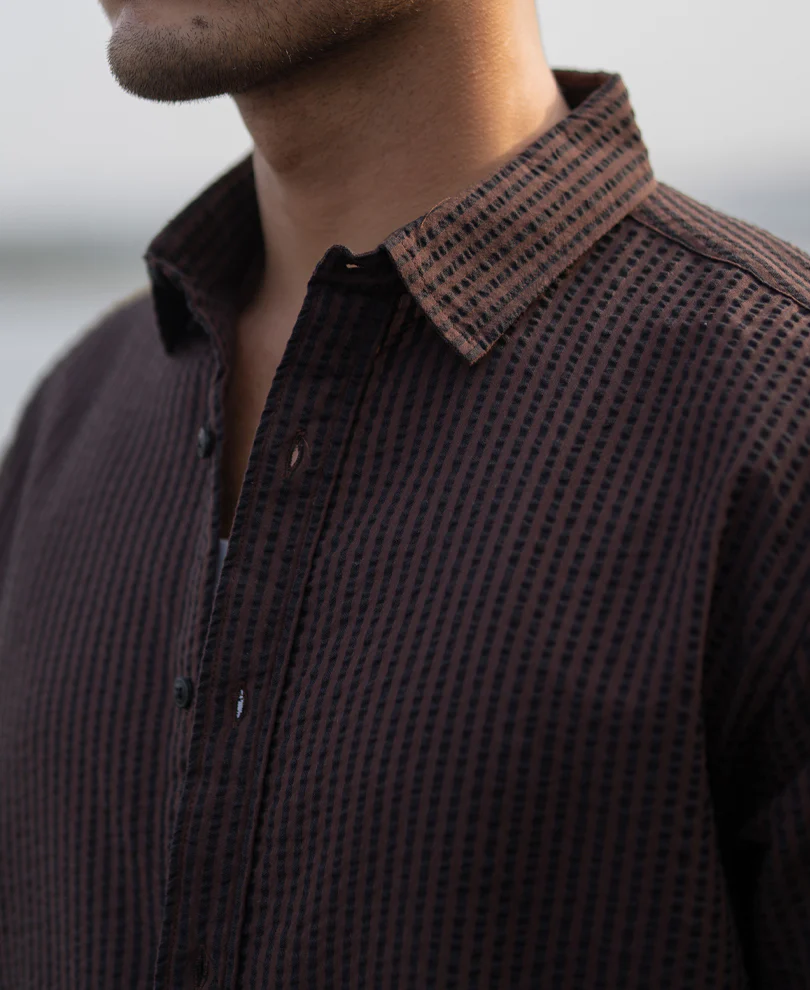 Brown Seer Sucker Stripe Shirt 100% Cotton - Image 5