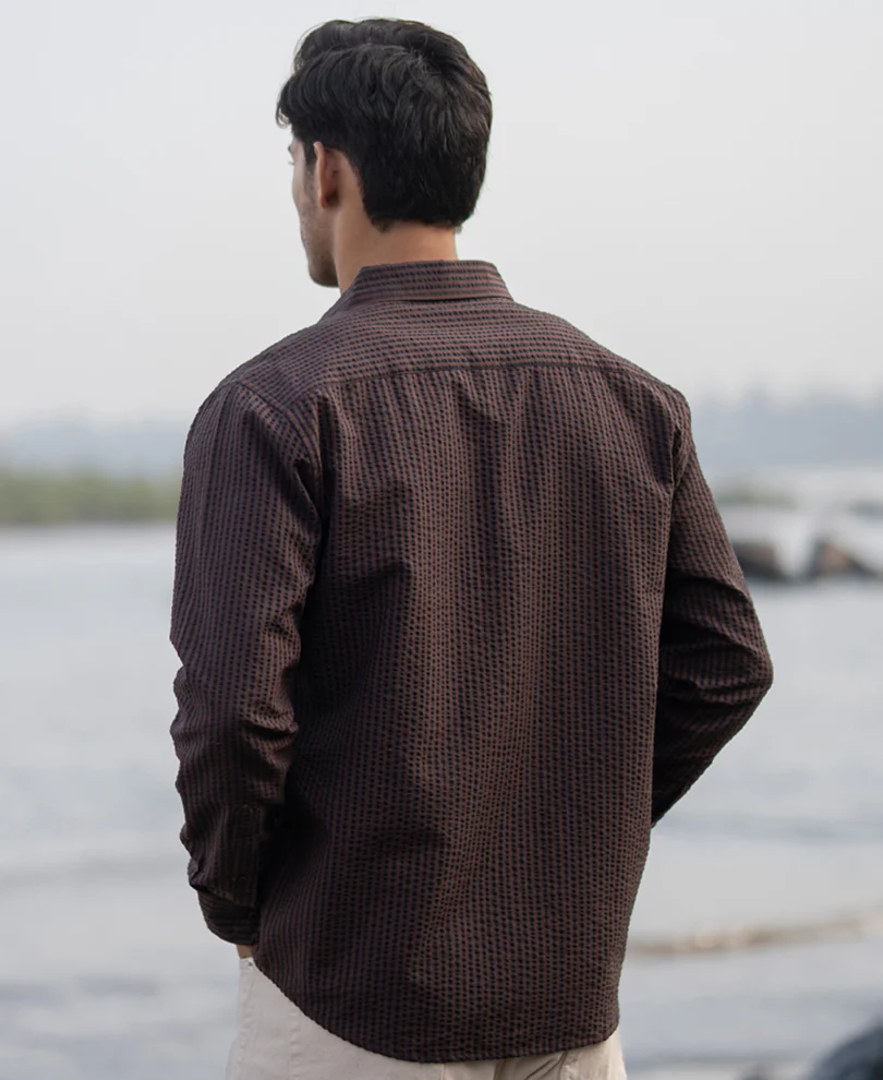 Brown Seer Sucker Stripe Shirt 100% Cotton - Image 6