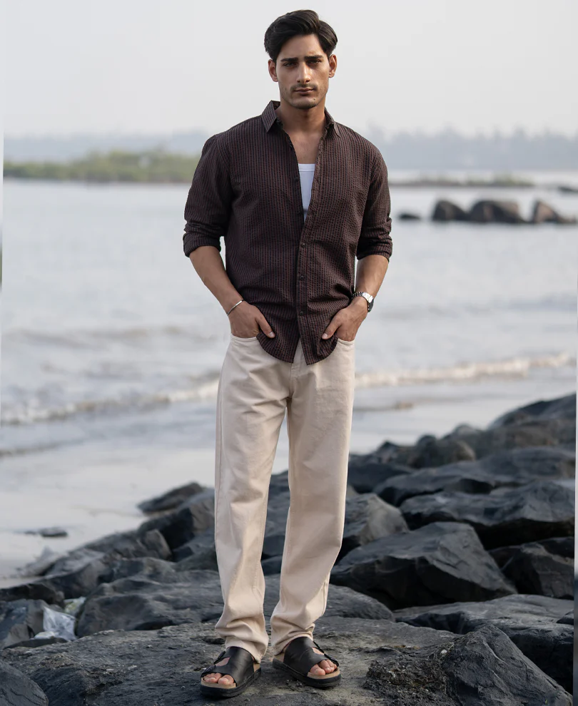 Brown Seer Sucker Stripe Shirt 100% Cotton - Image 7