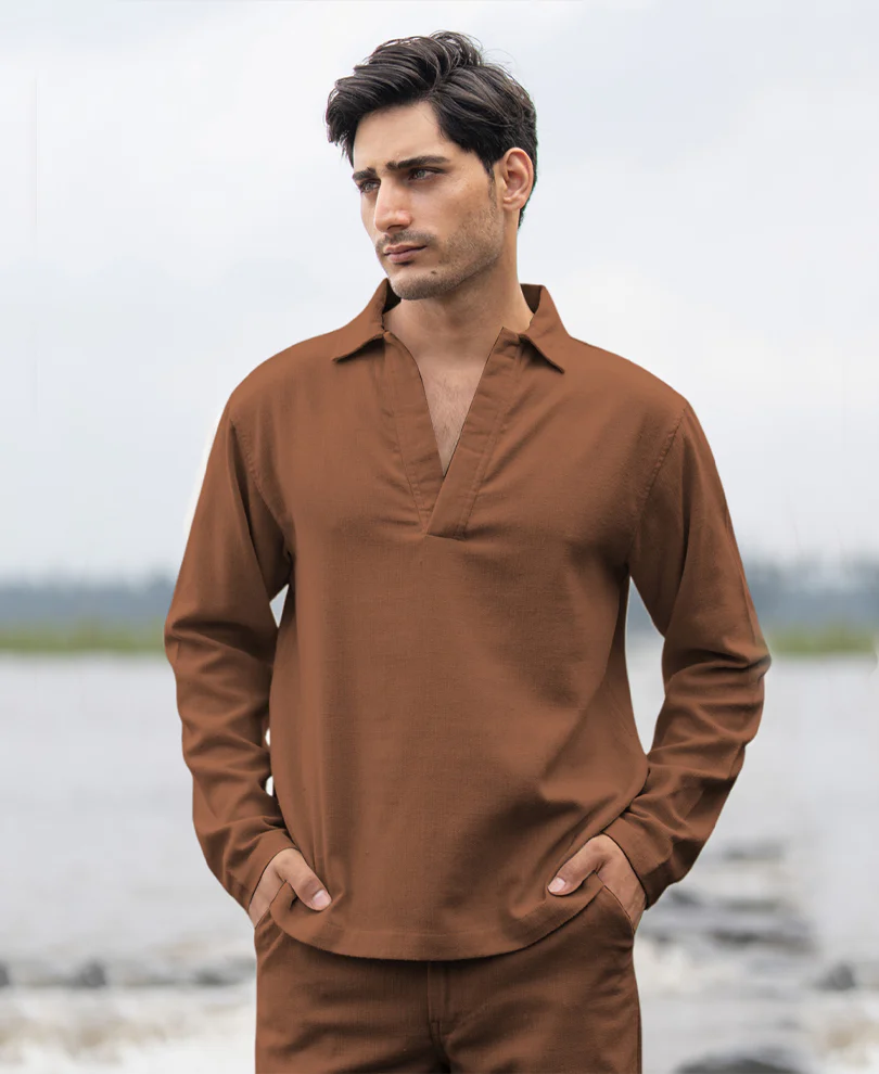Brown Structured Cotton Kurta Shirt - Image 2