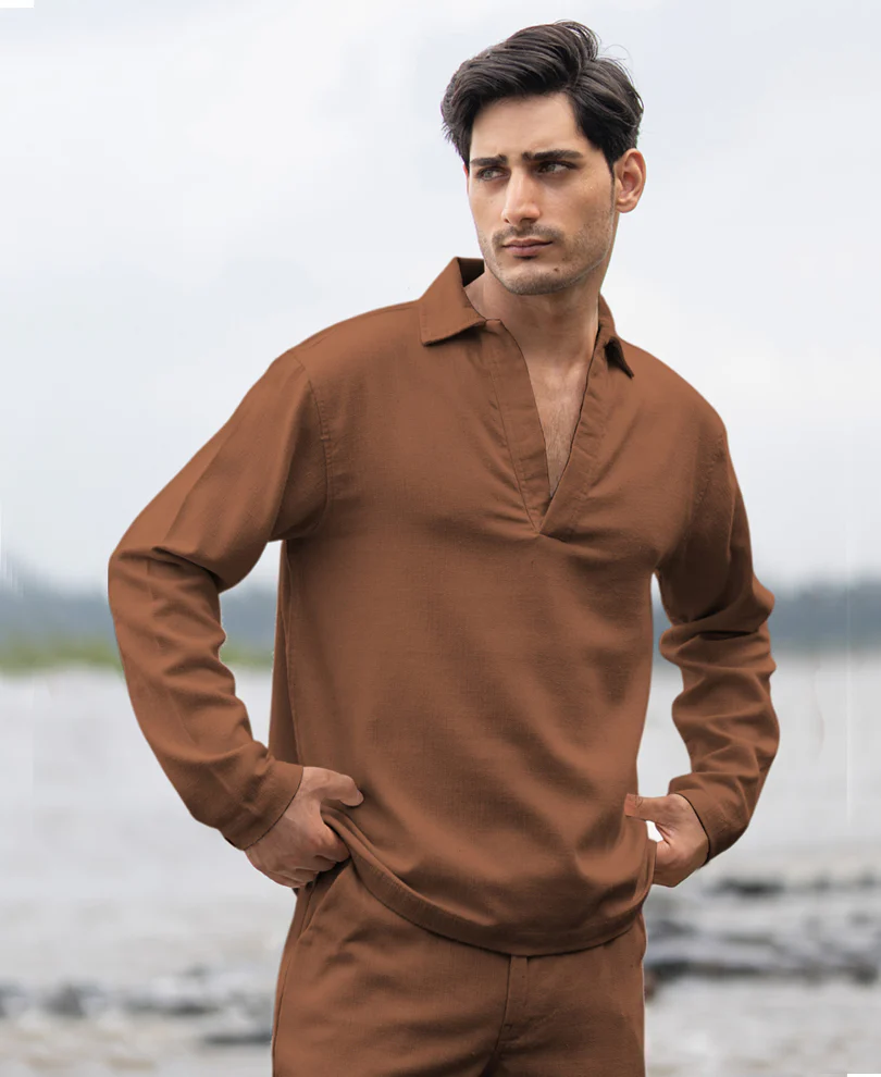 Brown Structured Cotton Kurta Shirt - Image 3